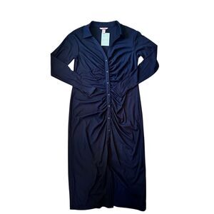 BLACK RUCHED BUTTON MIDI DRESS  by H&M | Size L (12-14) | New with tags